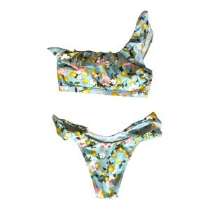 Victoria Secret’s Sky Blue Bikini Lemon Ruffle Top Brazilian Bottom NWOT, XS